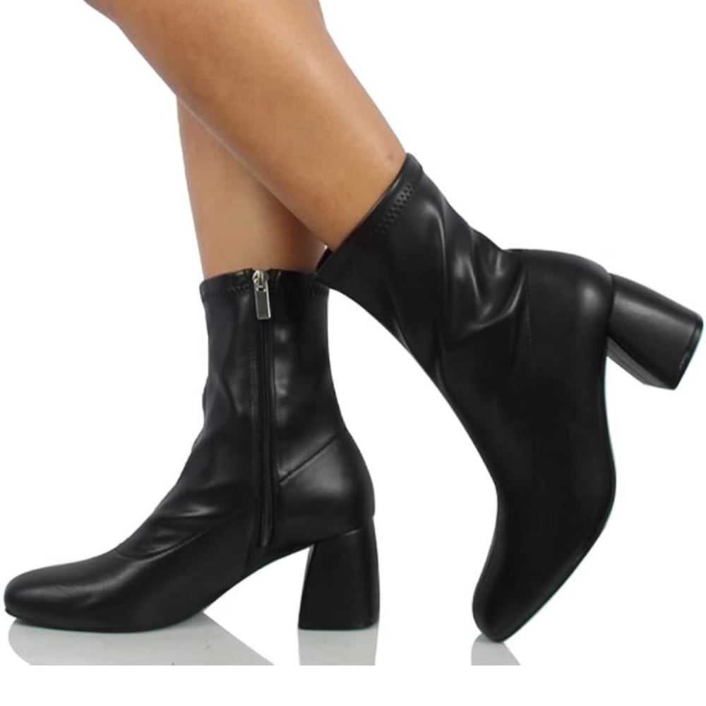 Black Squared Toe Flare Block Heel Soft Stretch Boot Shaft w/Side Zipper Ankle